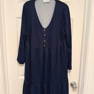 French Grey Navy Polka Dot Long Sleeve Dress